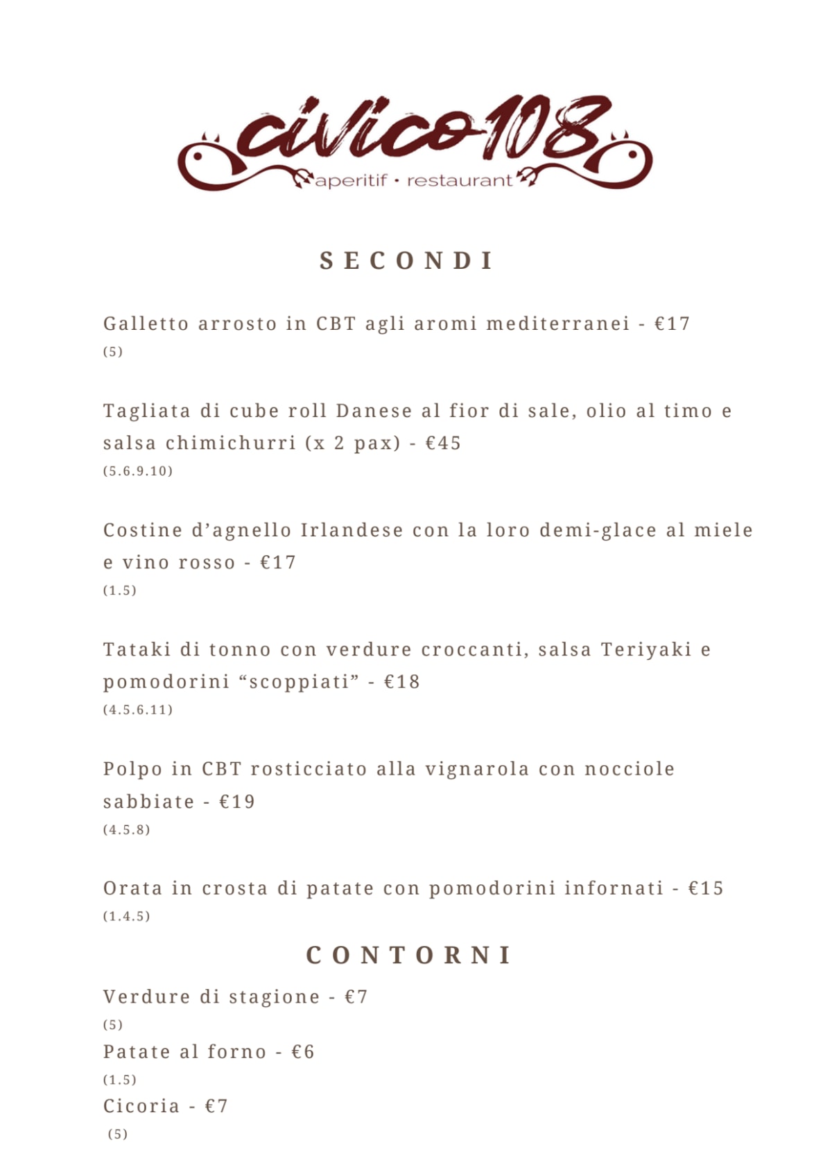 Civico 108 menu