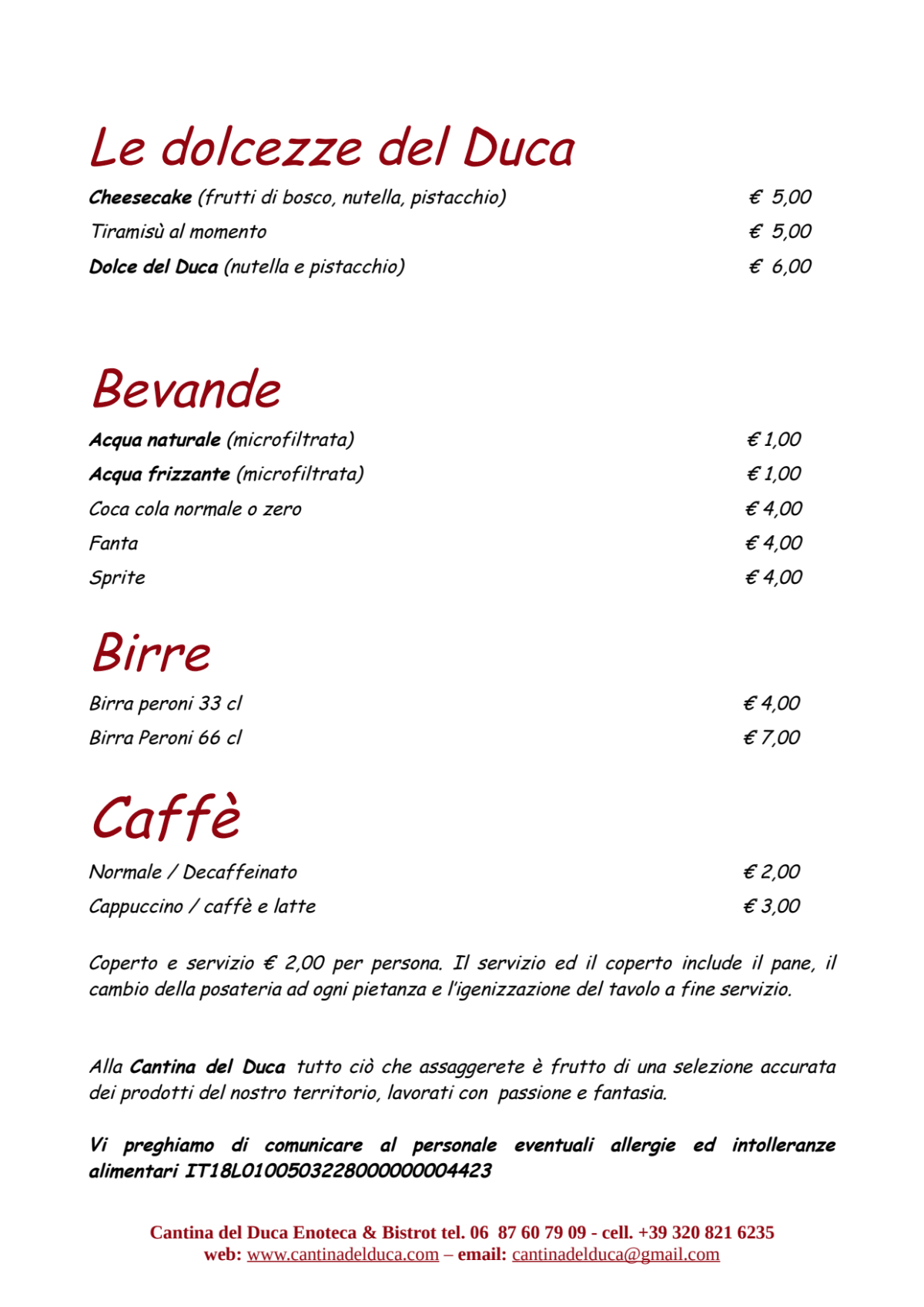 Cantina del Duca menu