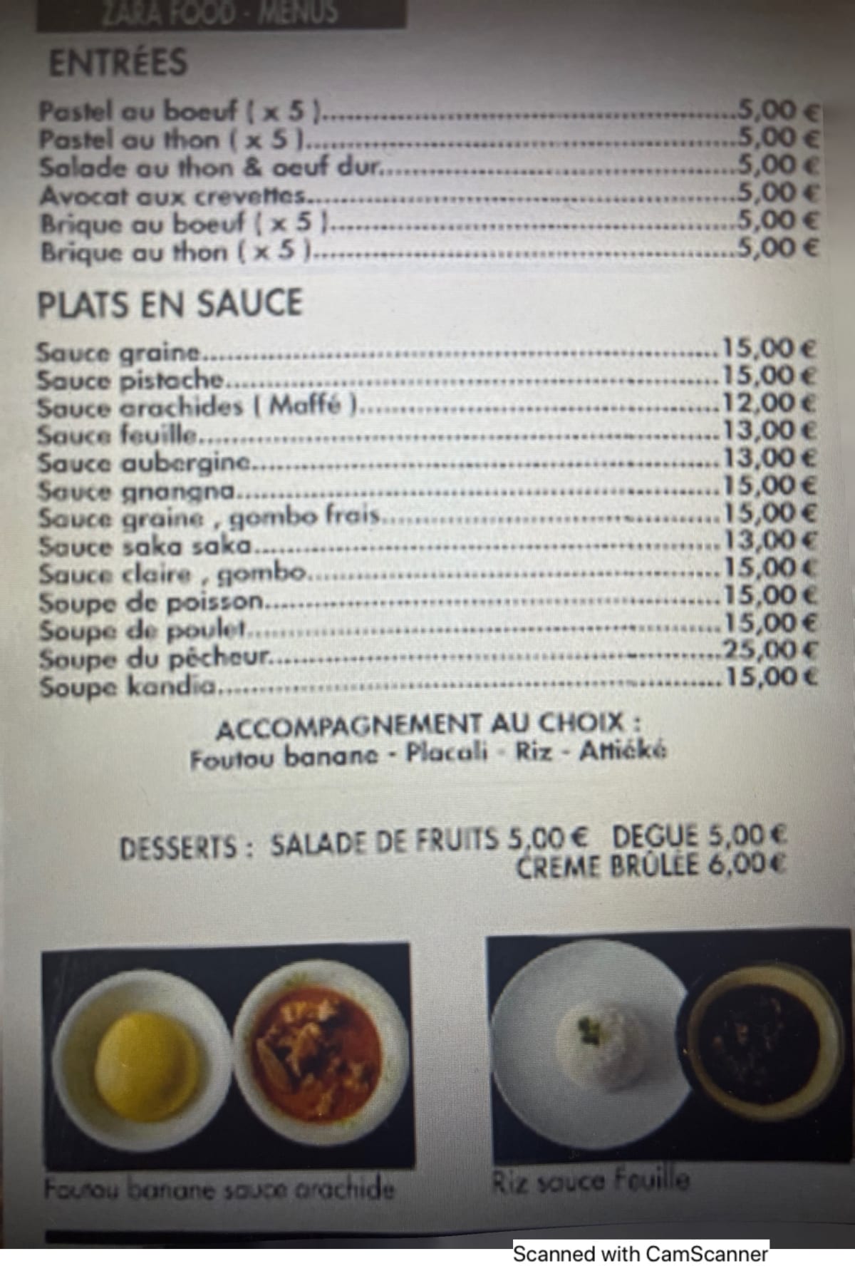 Zara Food menu