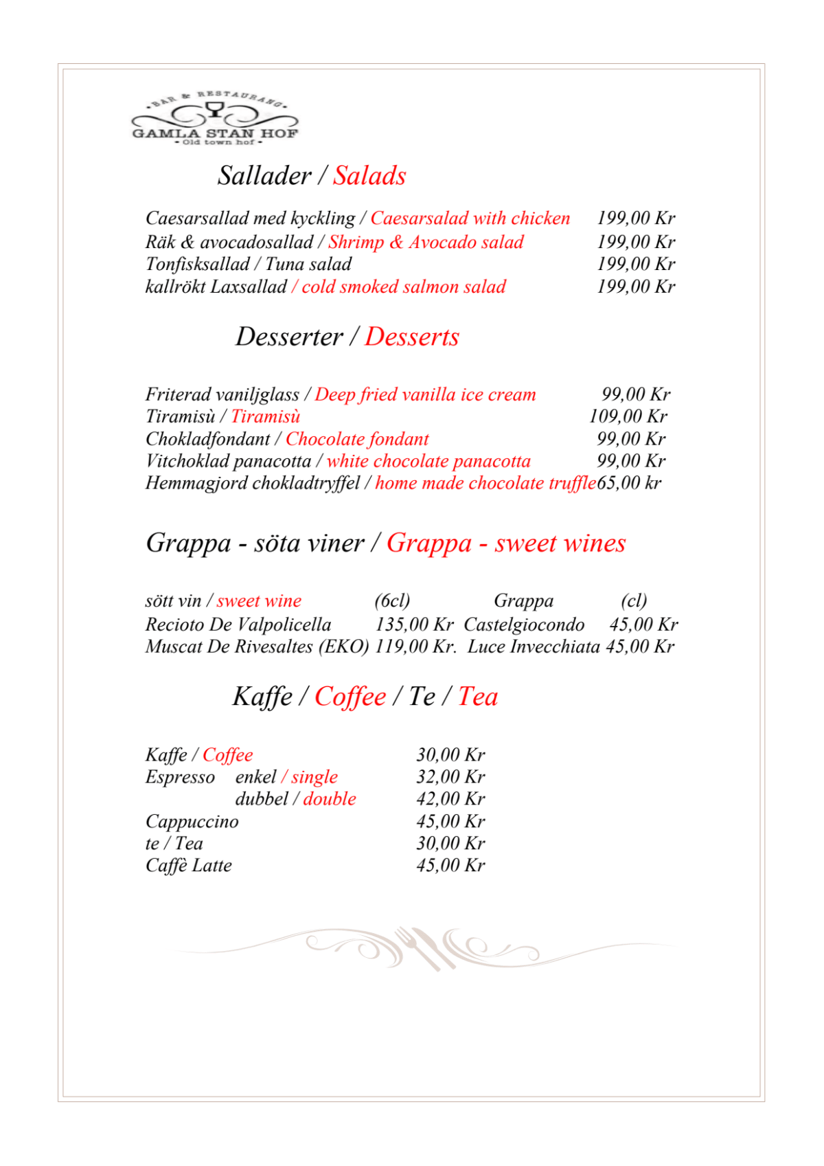 Gamla Stan Hof menu