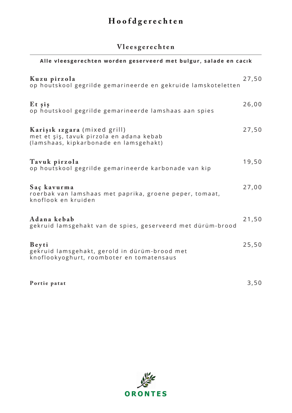 Orontes menu