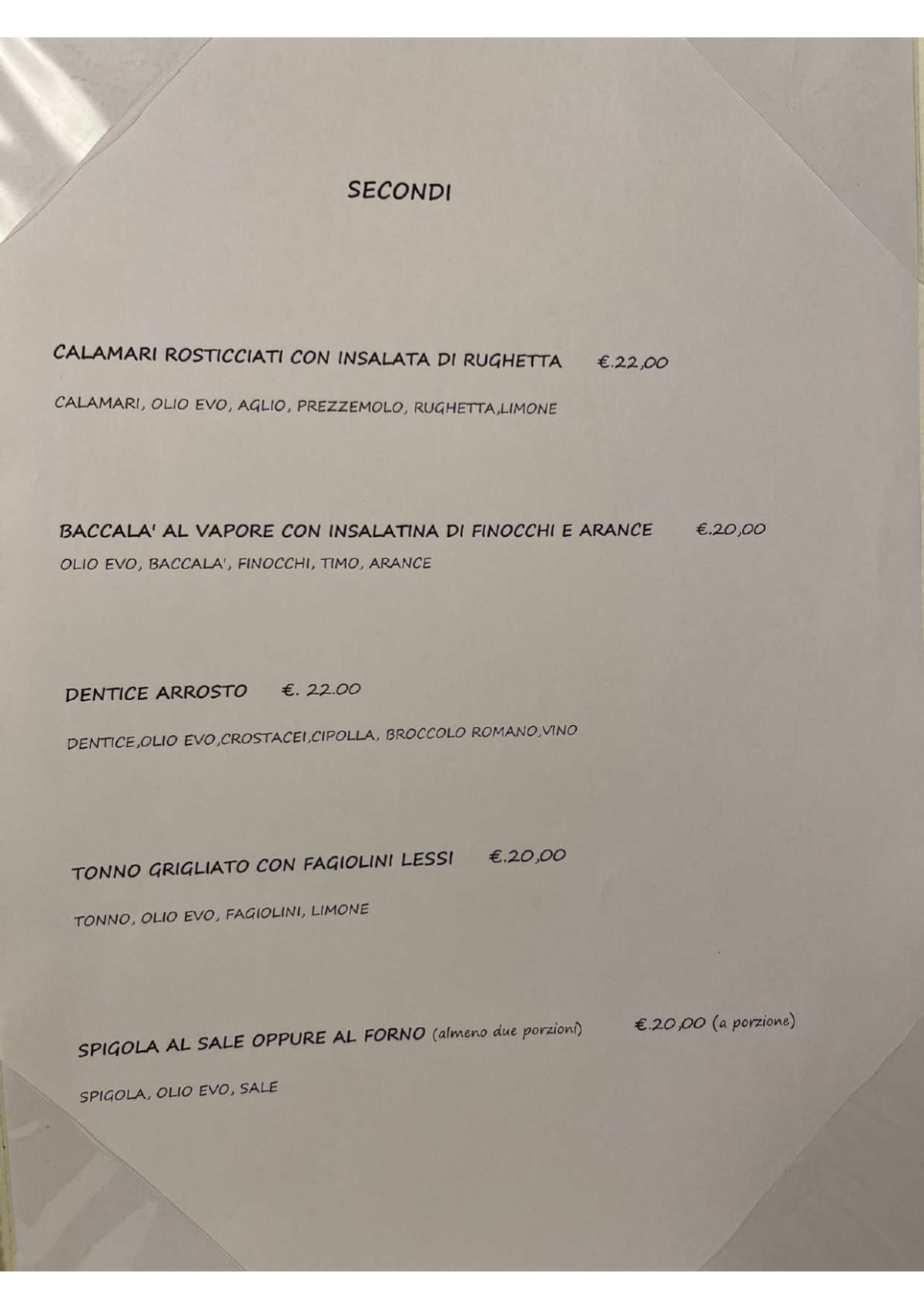 Pani e Pesci menu