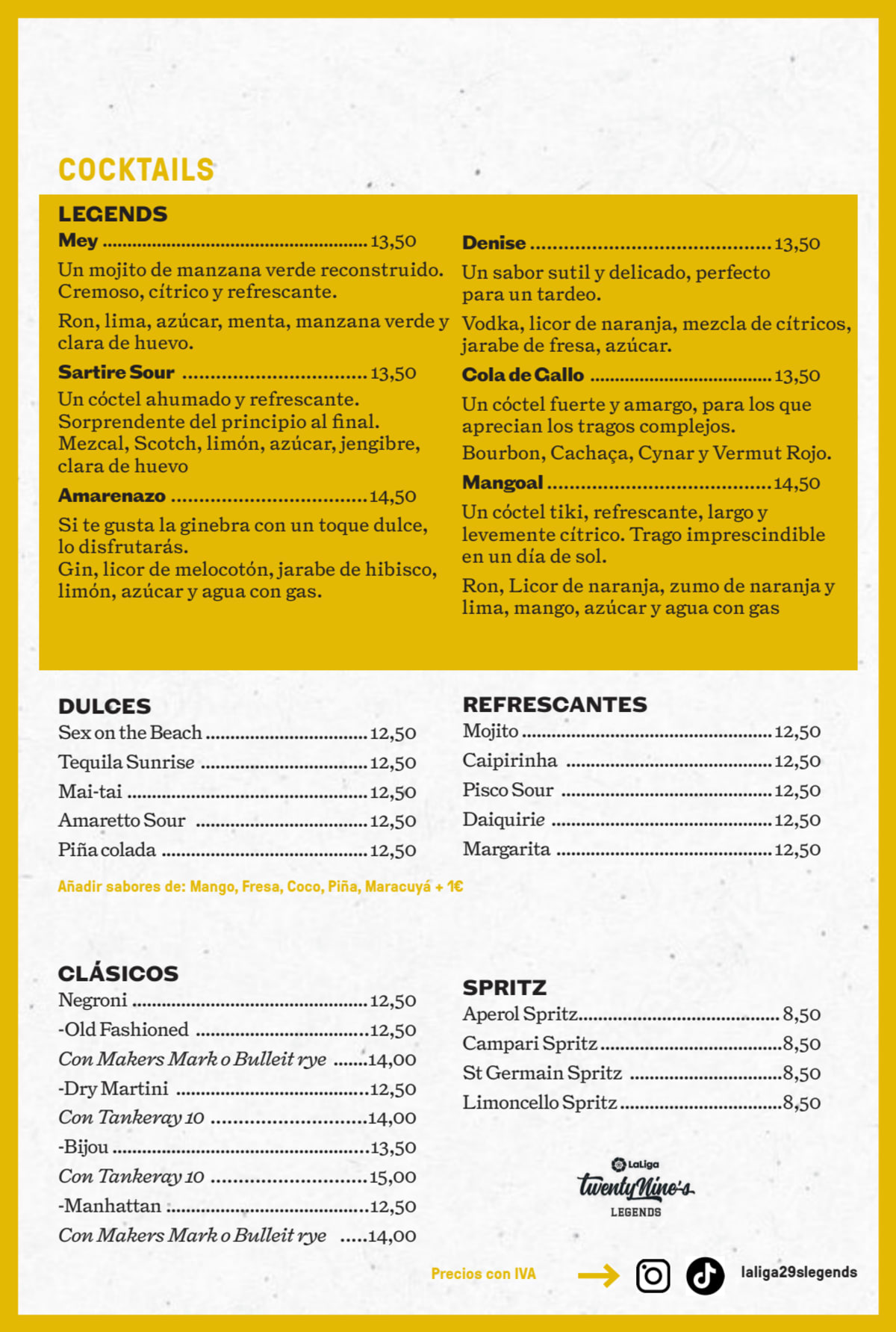 TwentyNine's Legends Museum menu