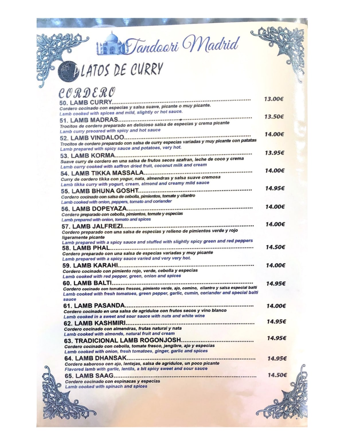 Tandoori Madrid menu