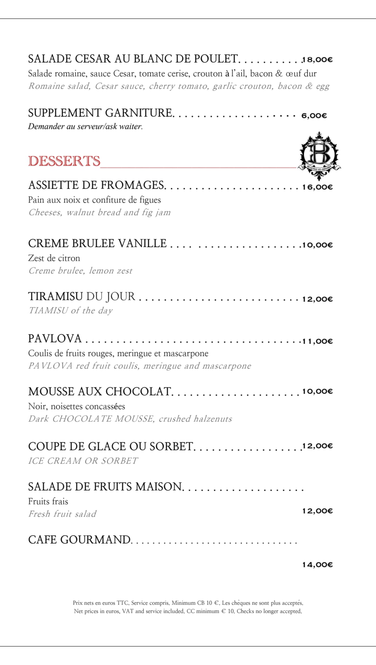Beauvau Saint Honoré menu