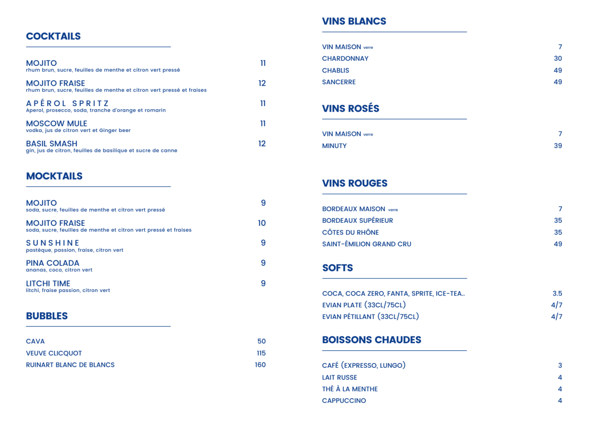 L’eden bleu menu