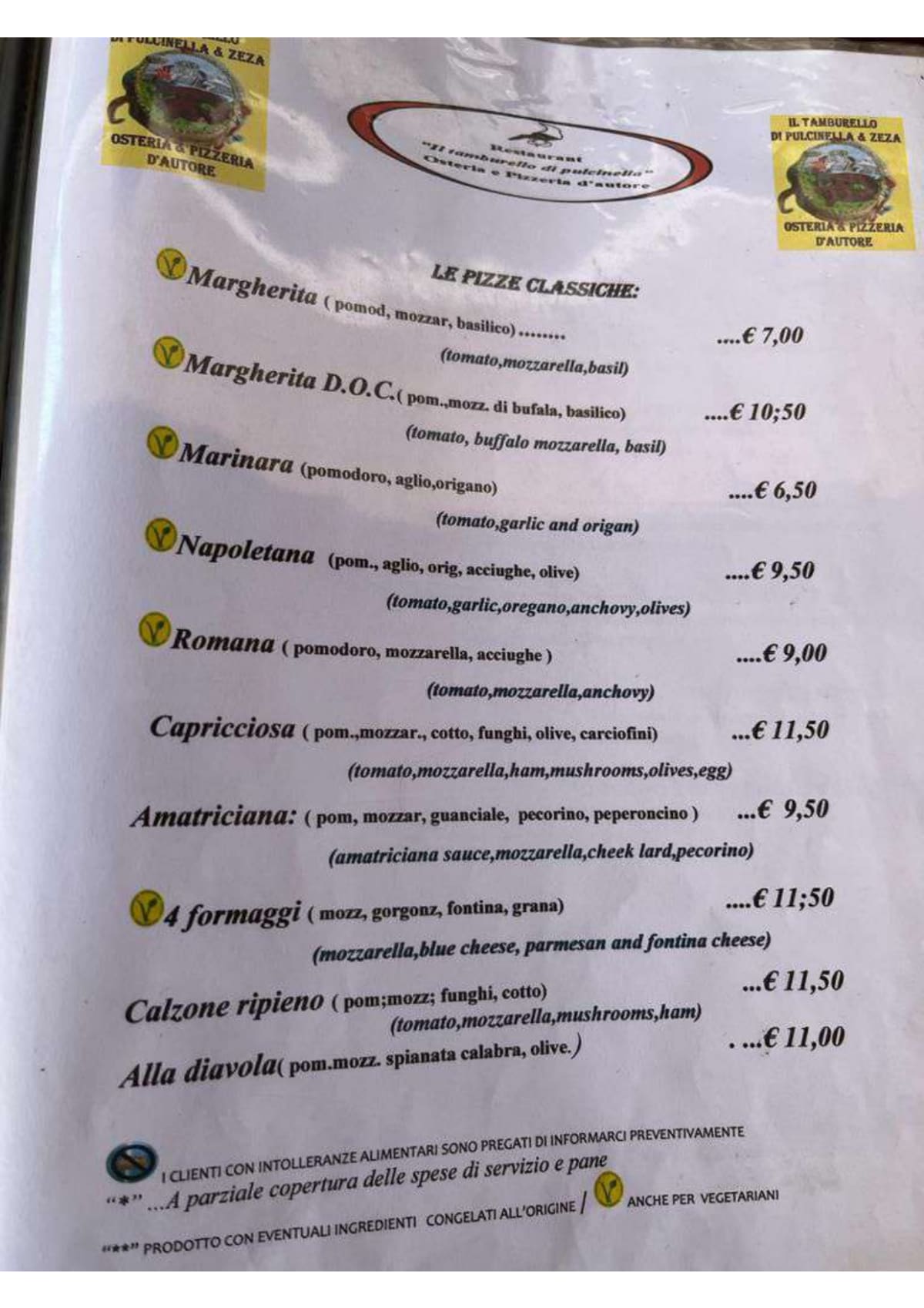 Il Tamburello di Pulcinella menu