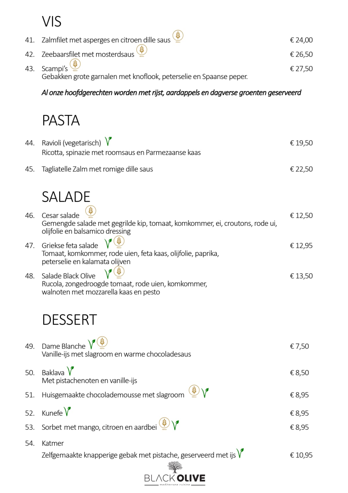 Restaurant Black Olive menu