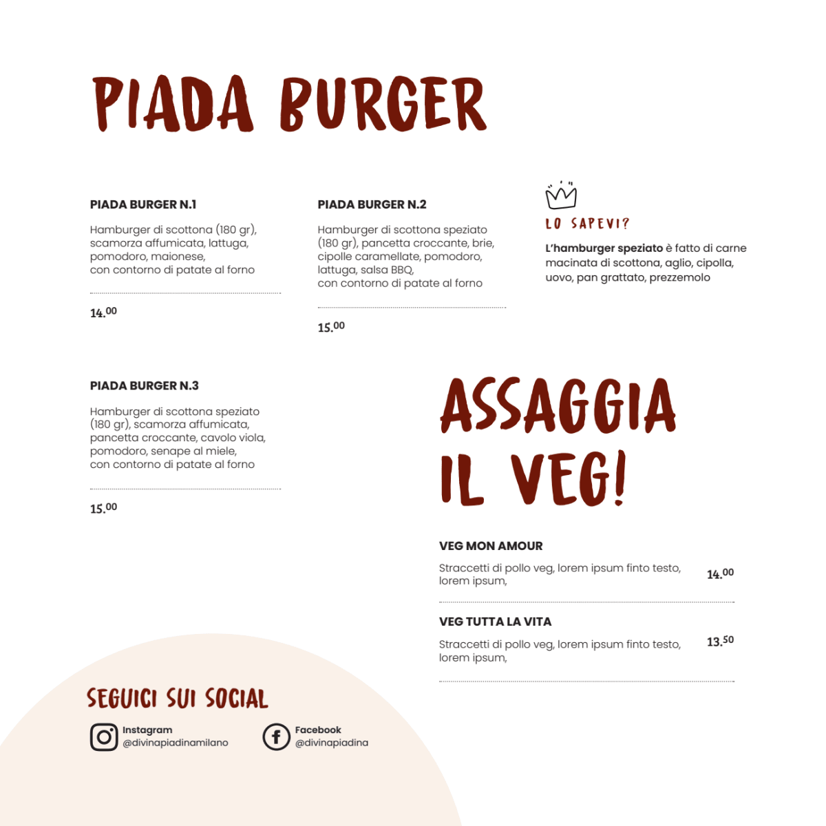 Divina Piadina - piada Bistrot menu