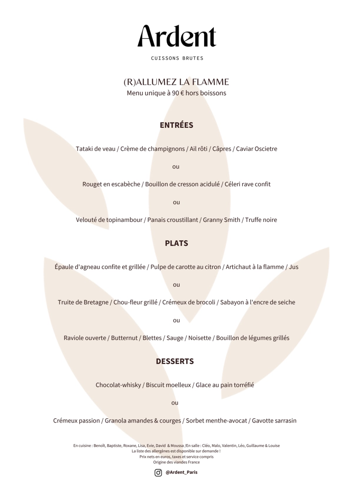 Ardent Paris menu