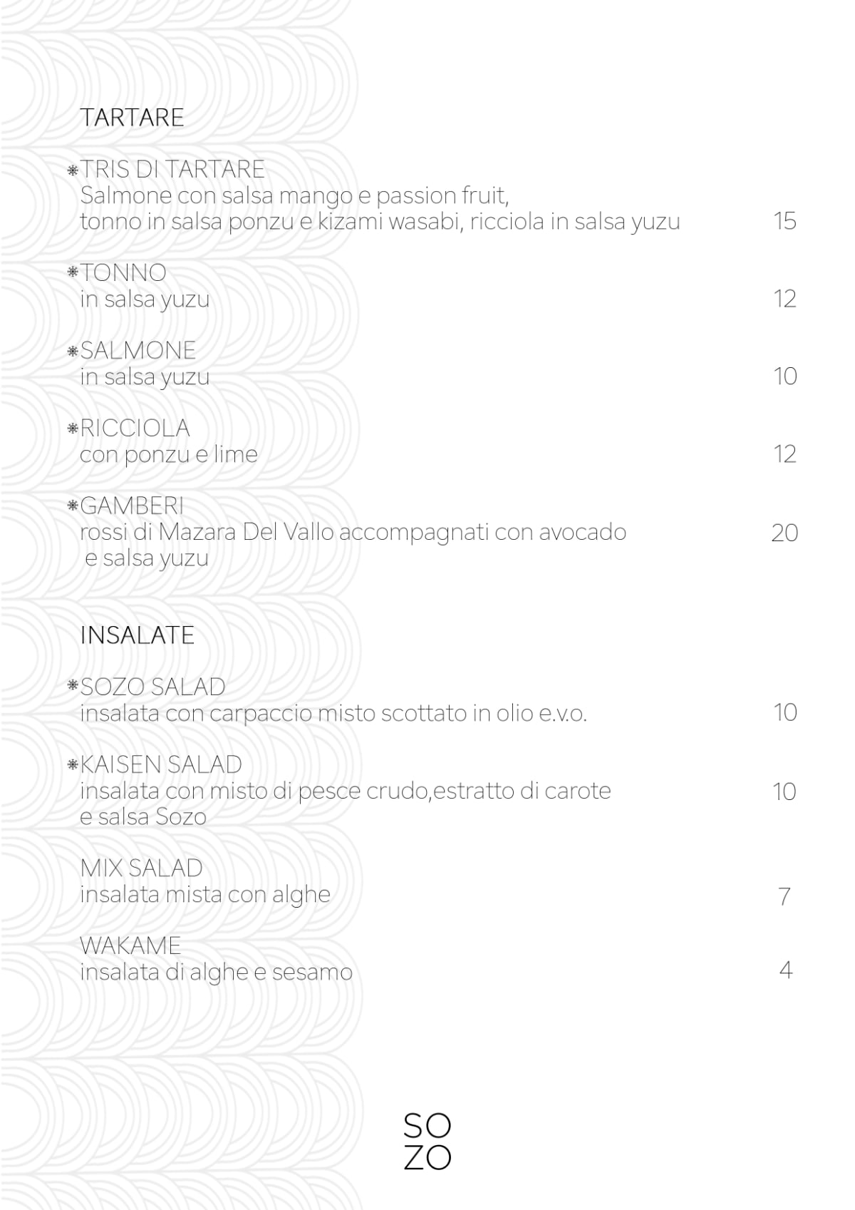 Sozo menu