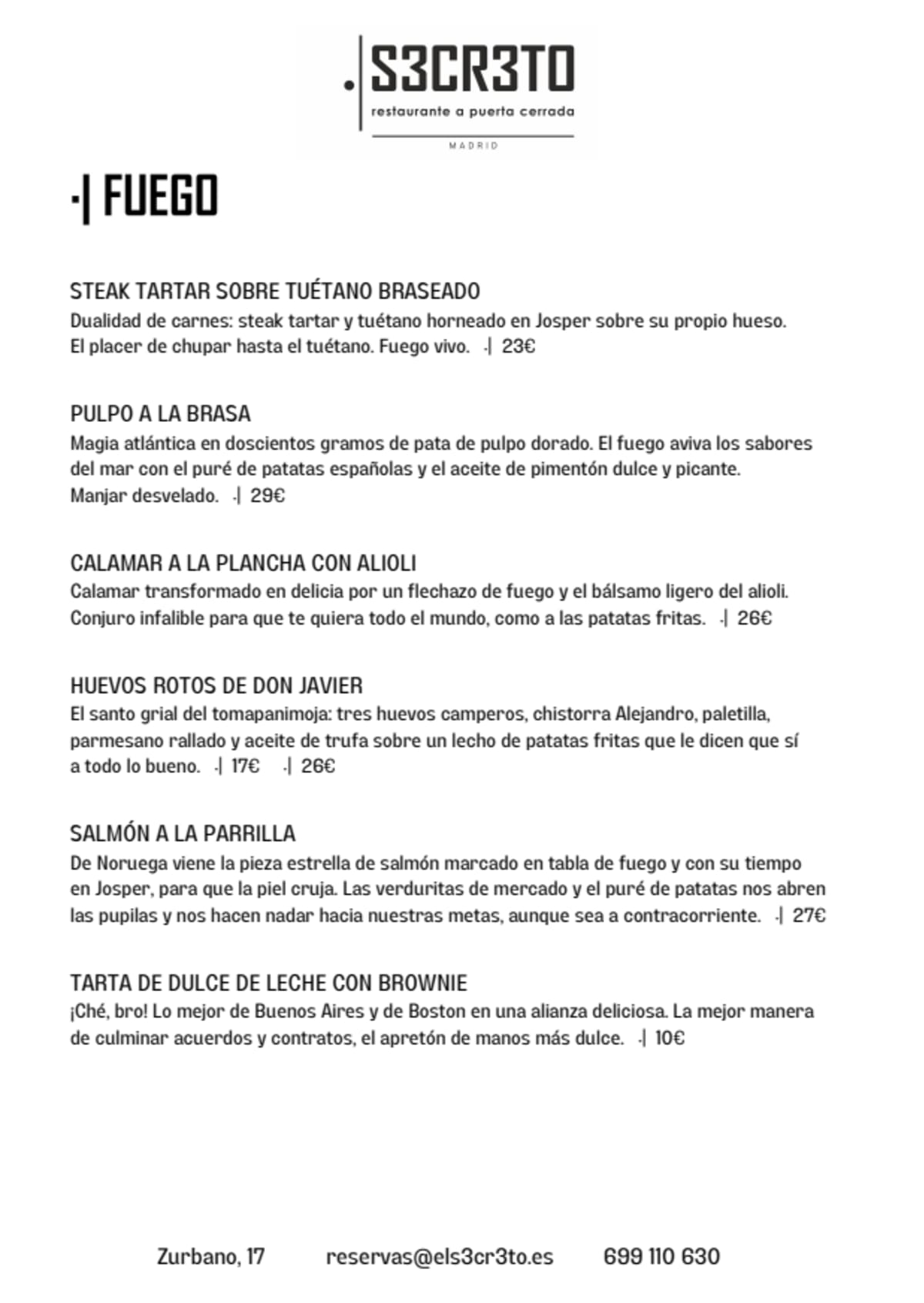 EL S3CR3TO Madrid menu