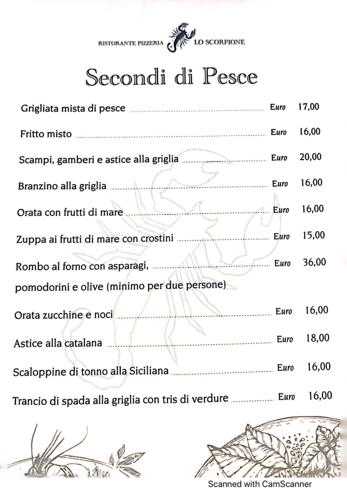 Ristorante Lo Scorpione menu