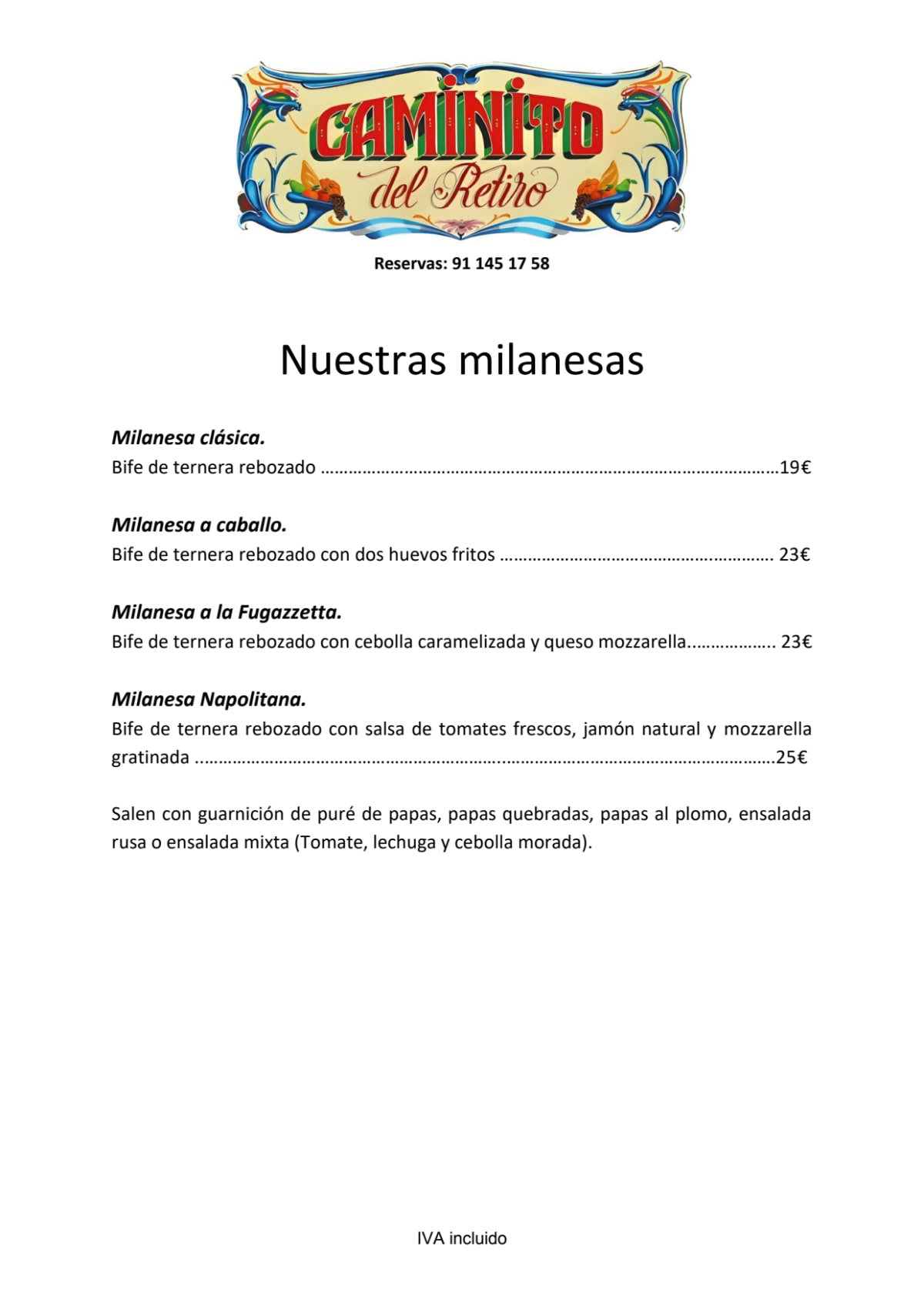 Caminito del Retiro menu