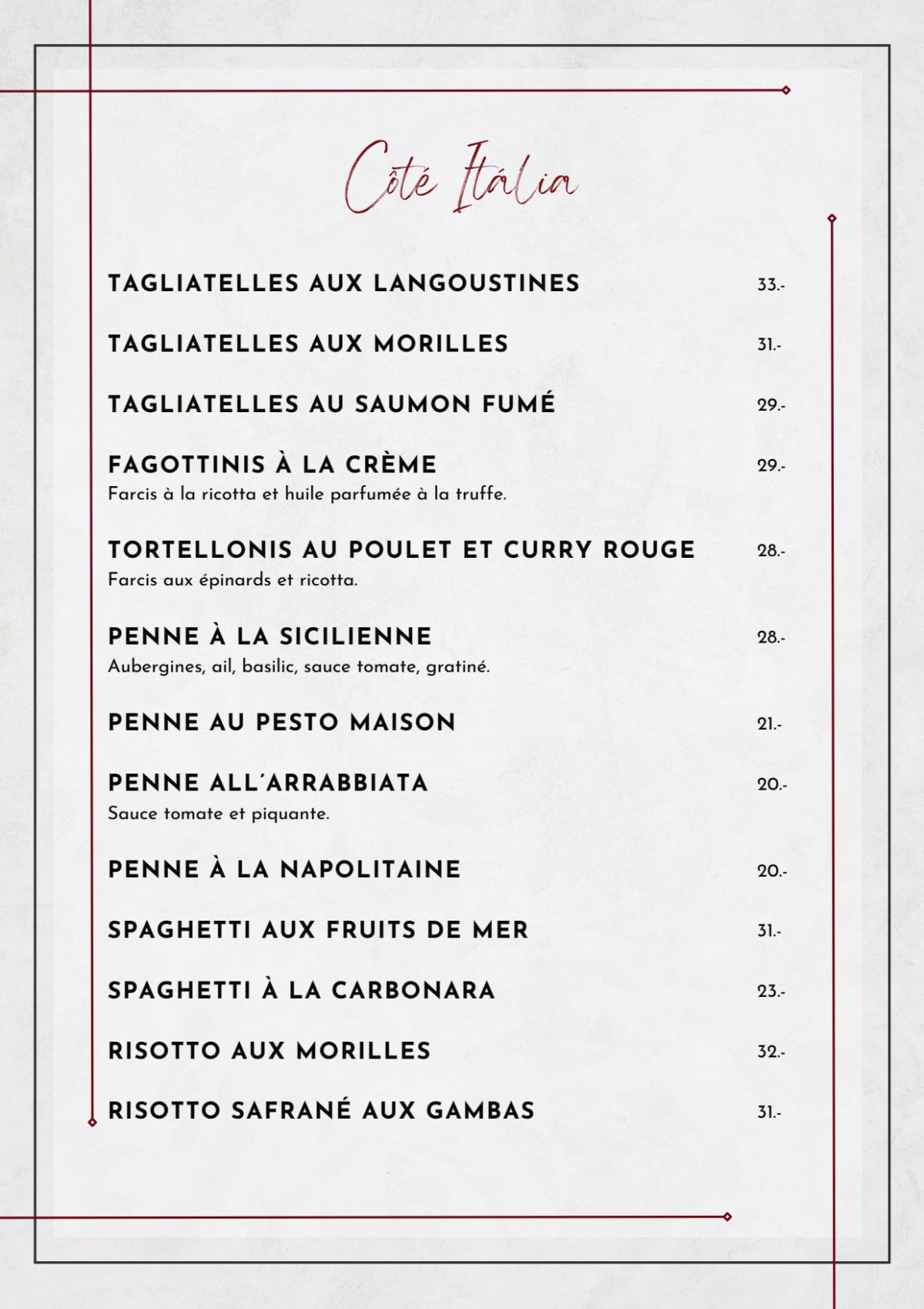 Italian Pub & Restaurant menu