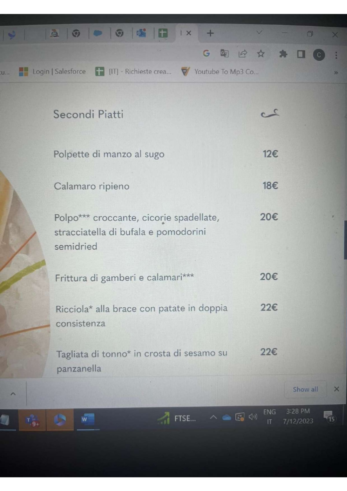 Carmelina Revel menu