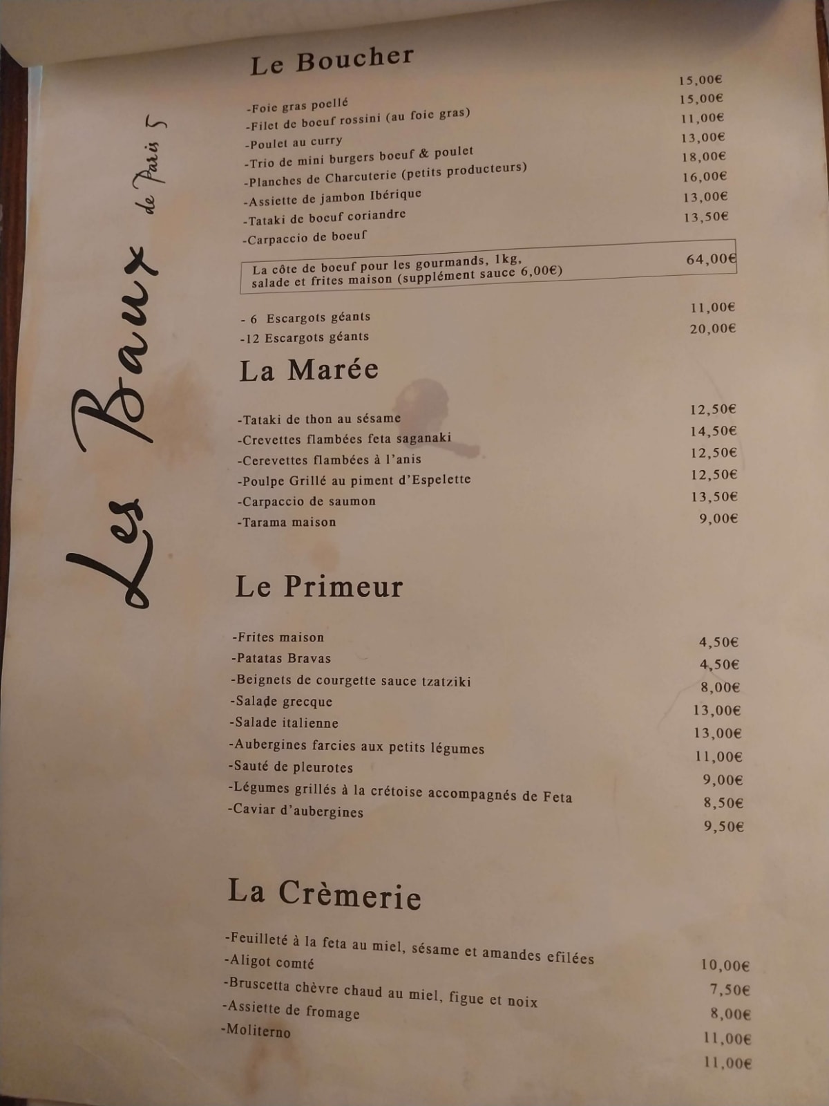 Les Baux de Paris menu