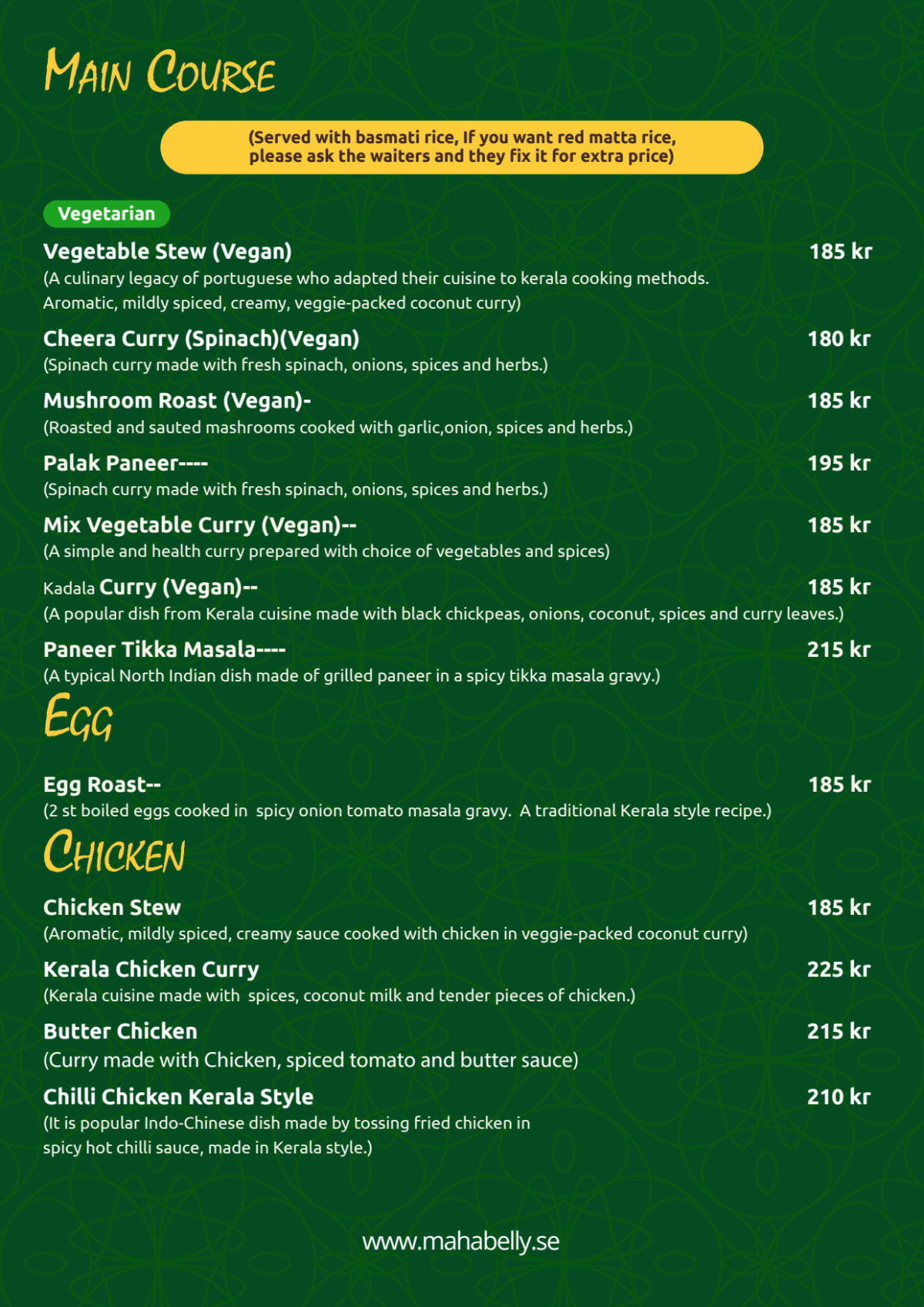 Mahabelly Taste Of Kerala- Indian Restaurant menu