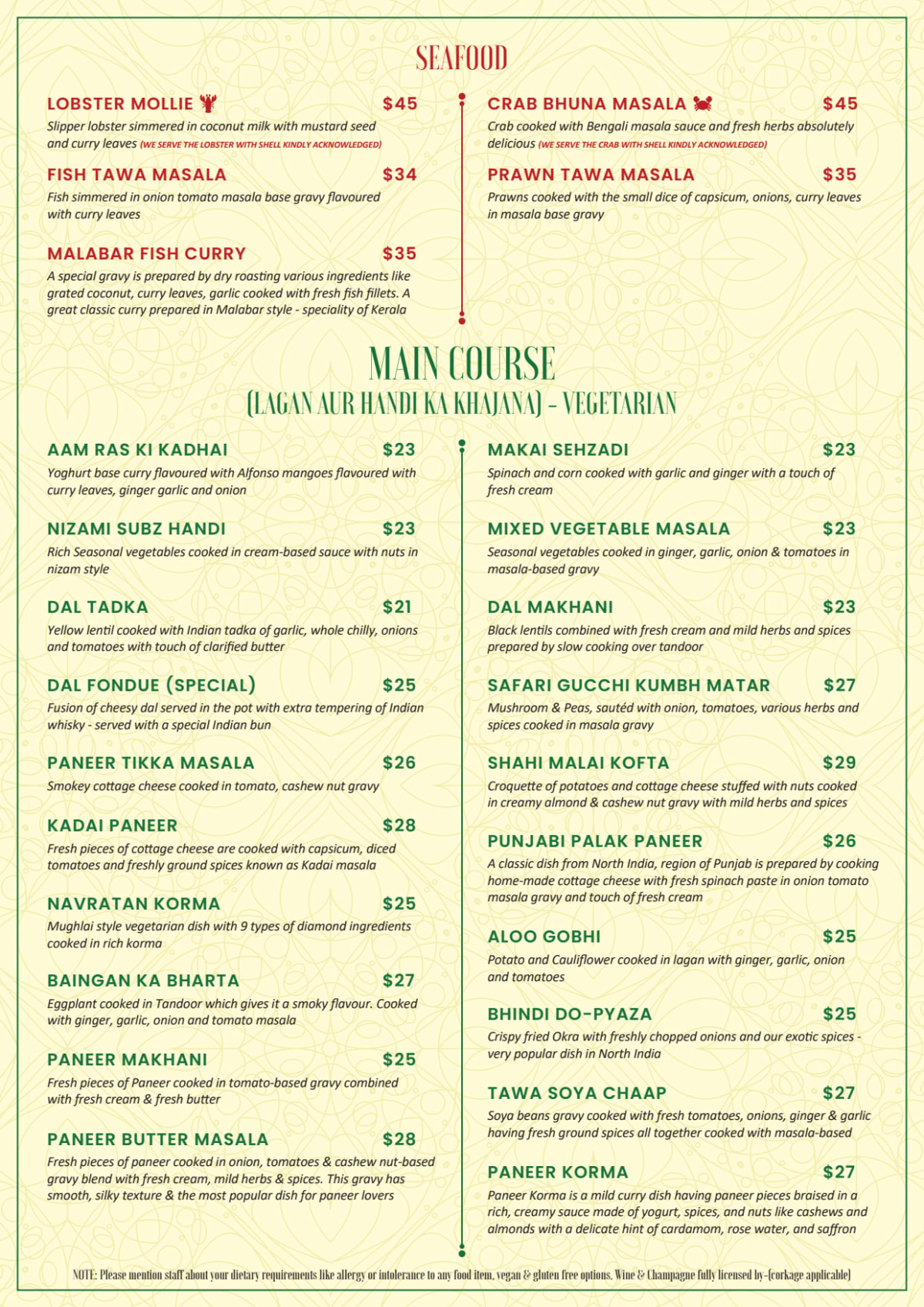 Spice Bazaar Modern Indian Dining Menu
