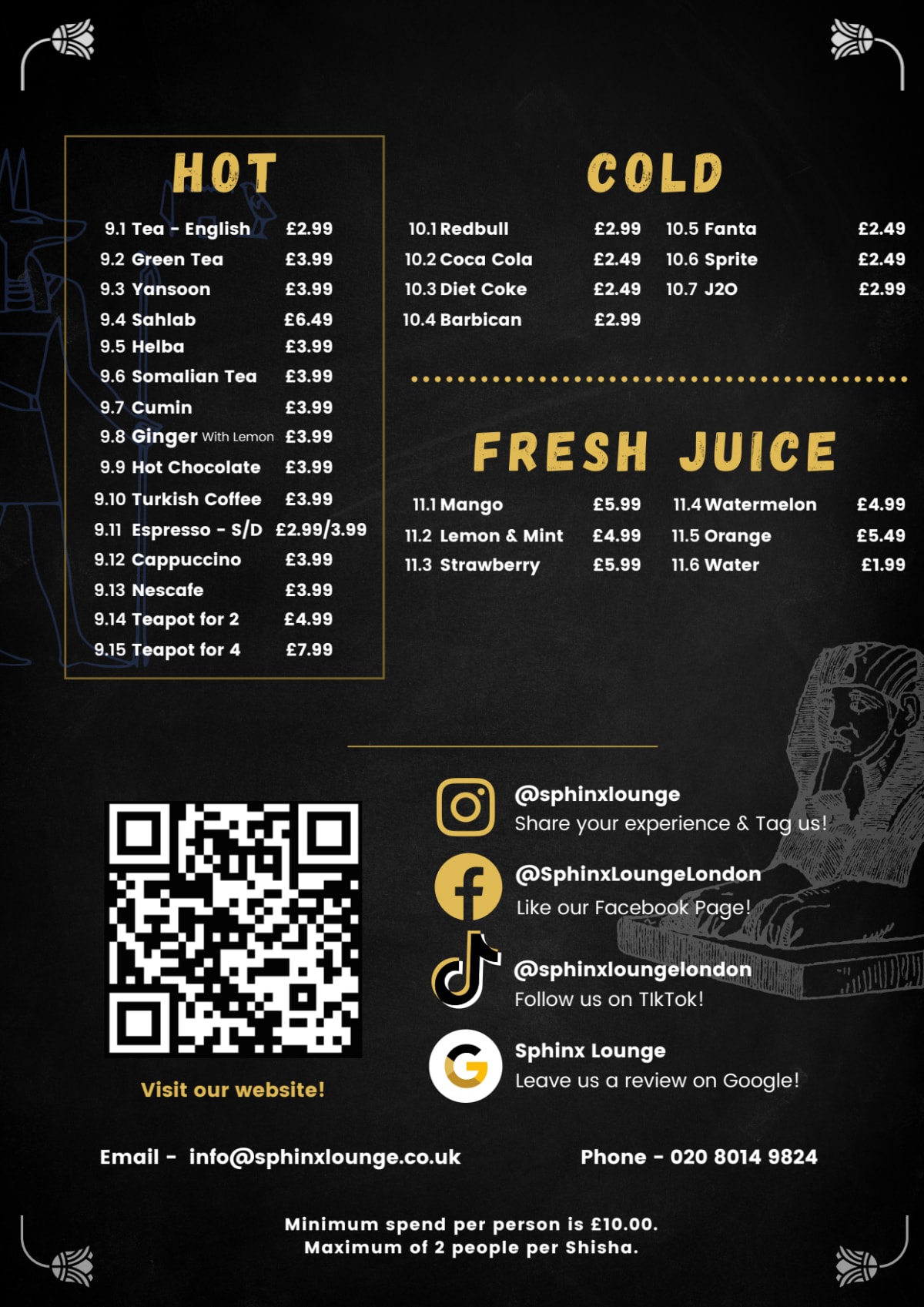 Carte et Menus 2024 Sphinx Shisha Lounge à Londres TheFork