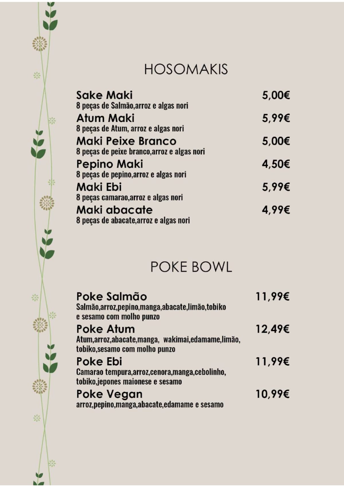 Sushi Sendai menu