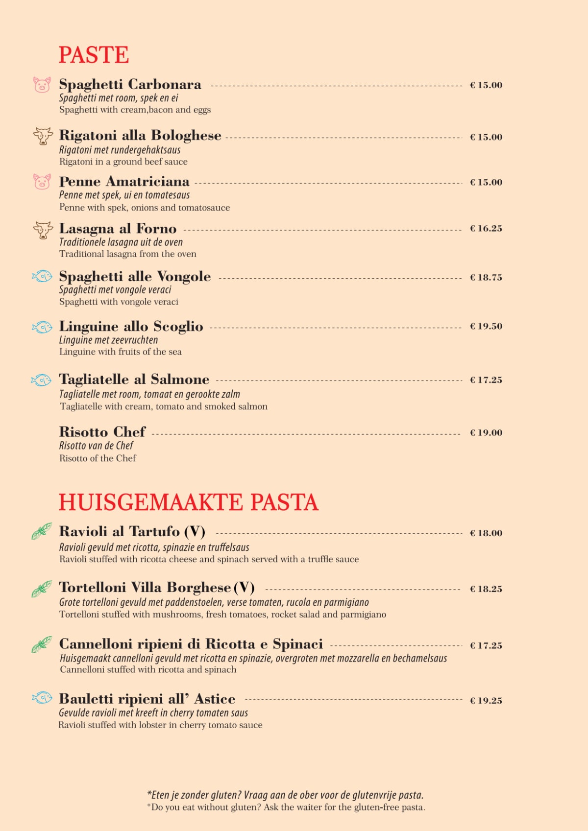 Villa Borghese Amsterdam menu