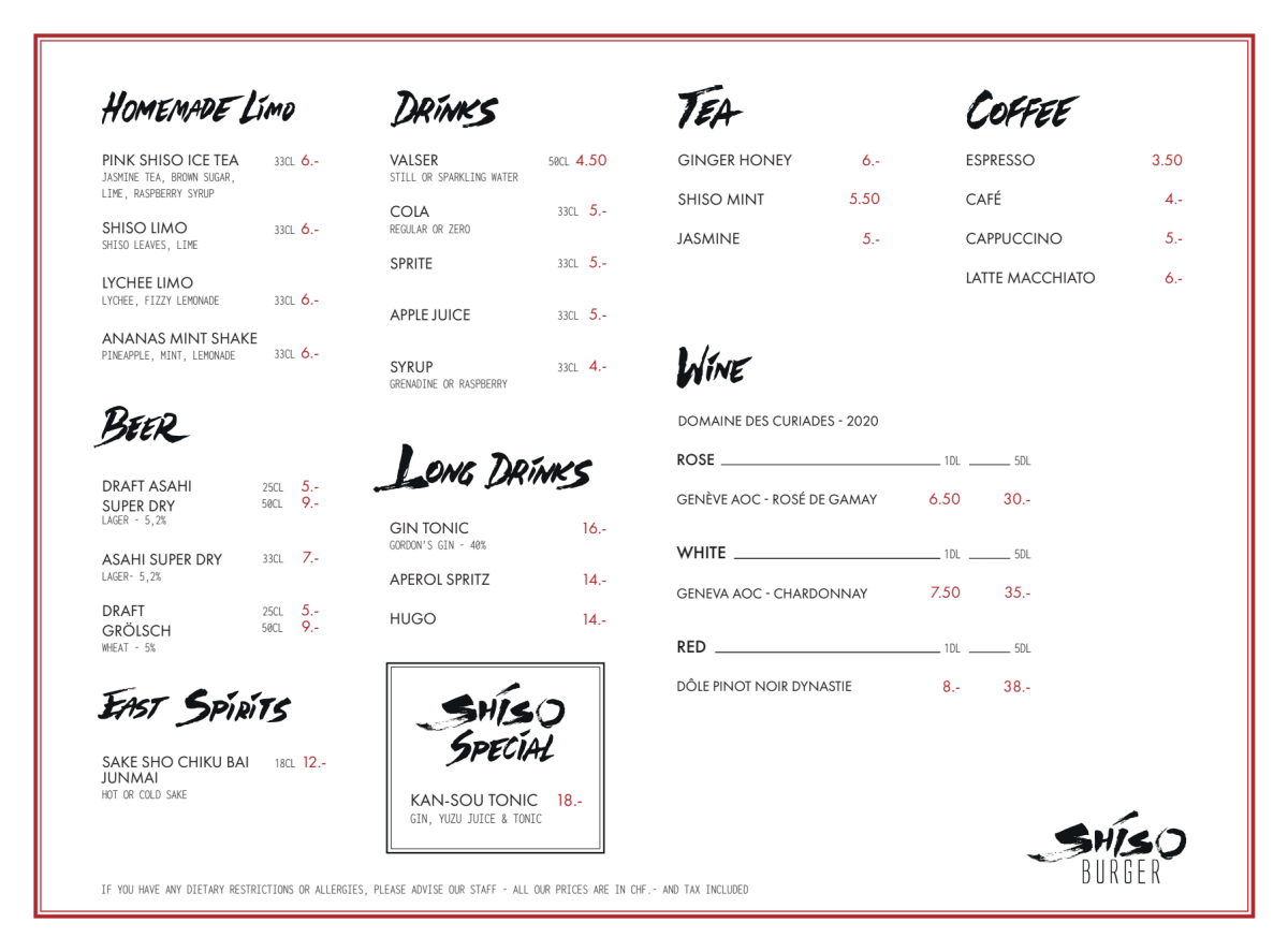 Shiso Burger menu