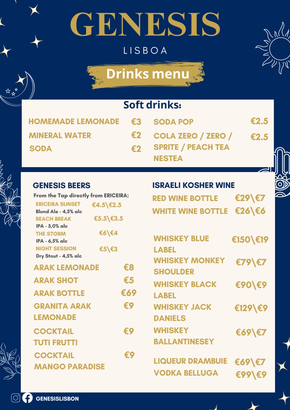 Carte et Menus 2024 Genesis Lisbon Kosher Restaurant à Lisbonne