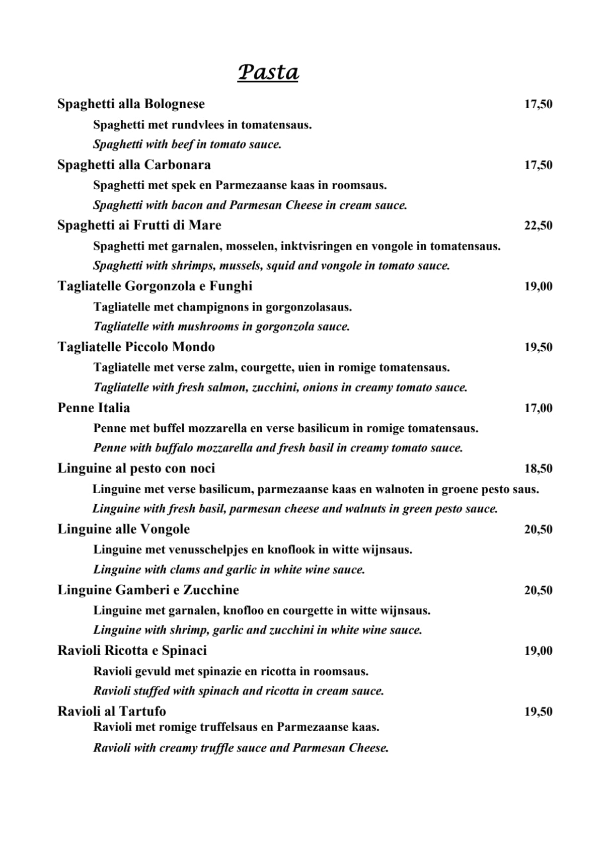 Piccolo Mondo menu