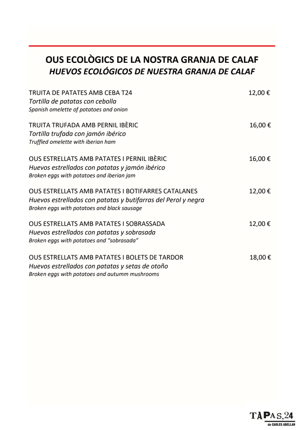 Tapas 24 - Diputació menu