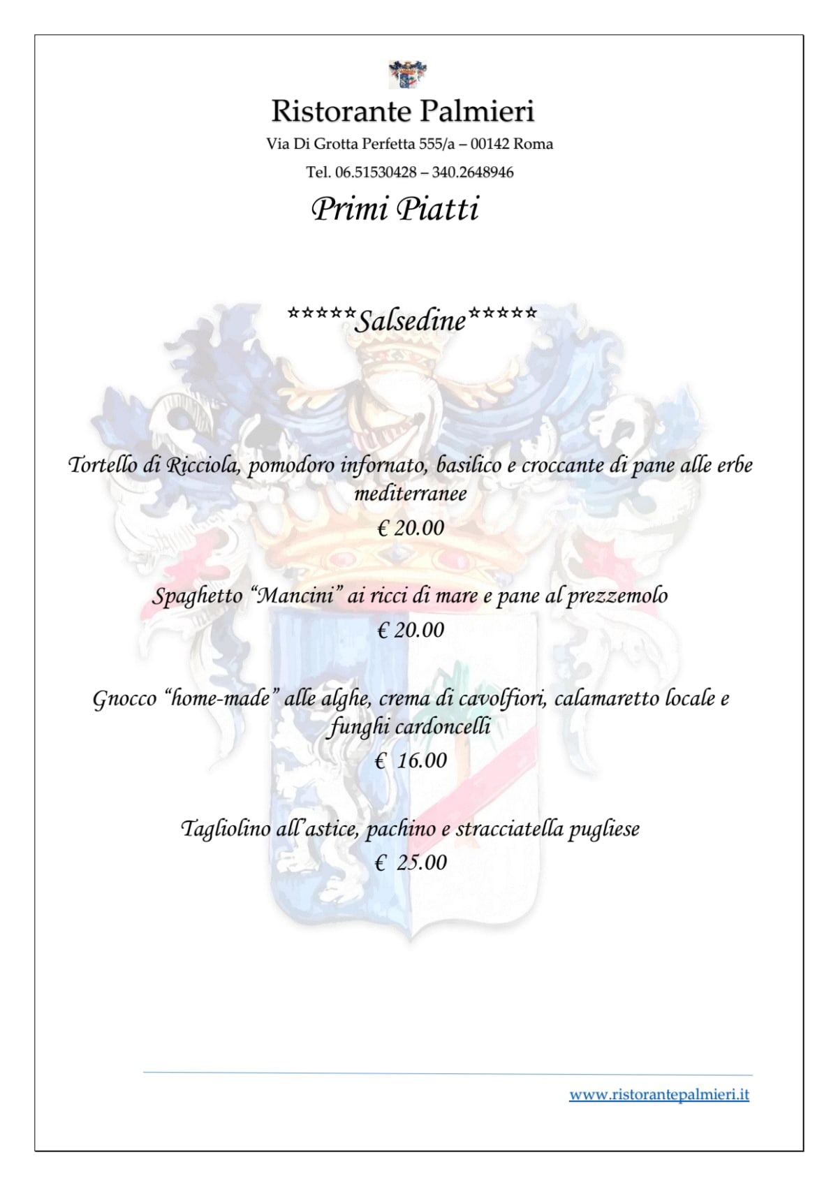 Ristorante Palmieri menu