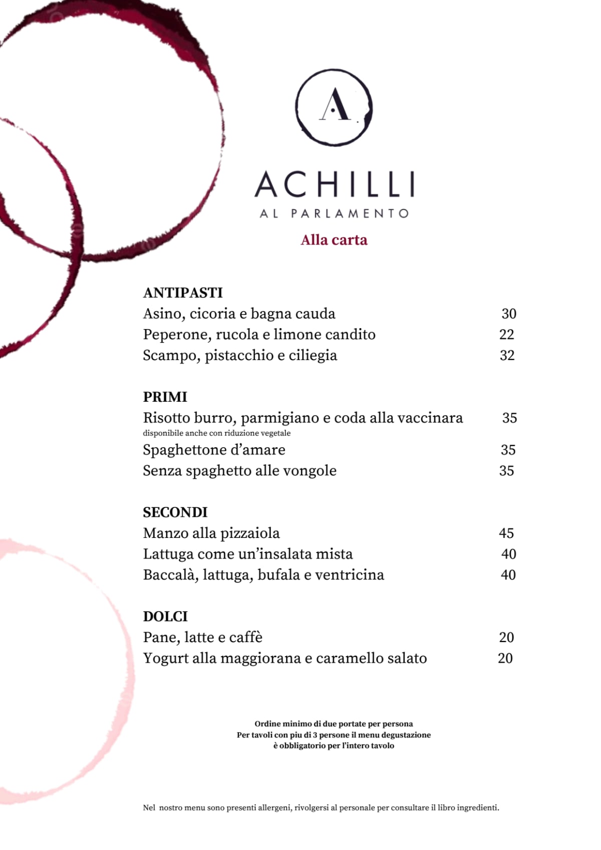 Achilli al Parlamento menu