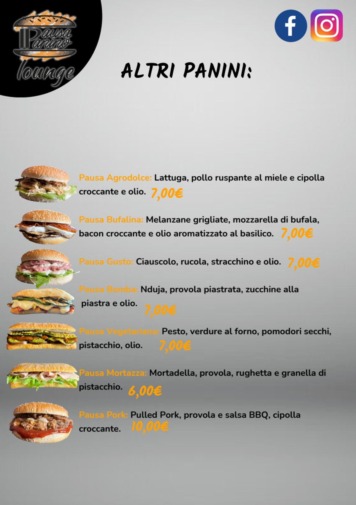 Pausa Panino Lounge menu