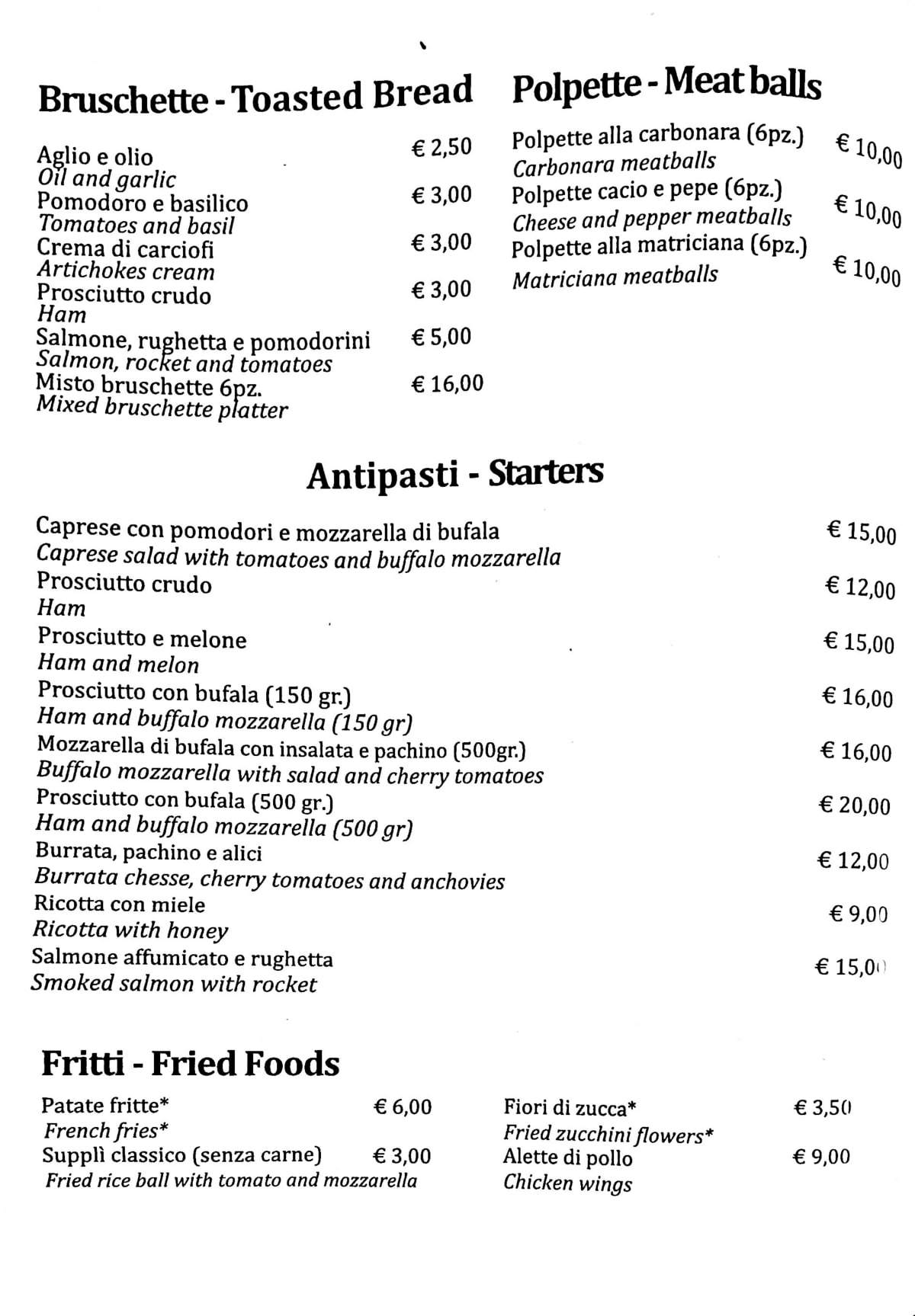 La Botte Antica menu