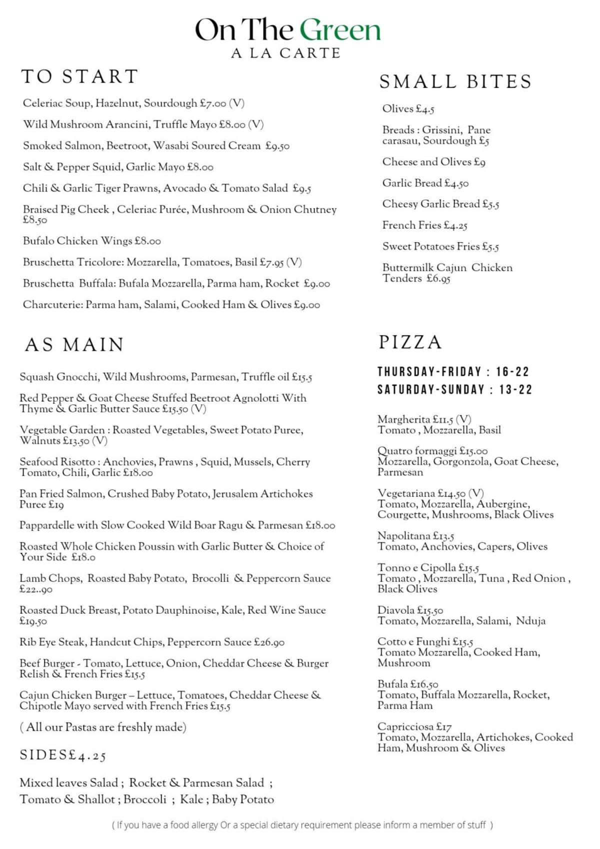 Carte et Menus 2024 On The Green à Londres TheFork