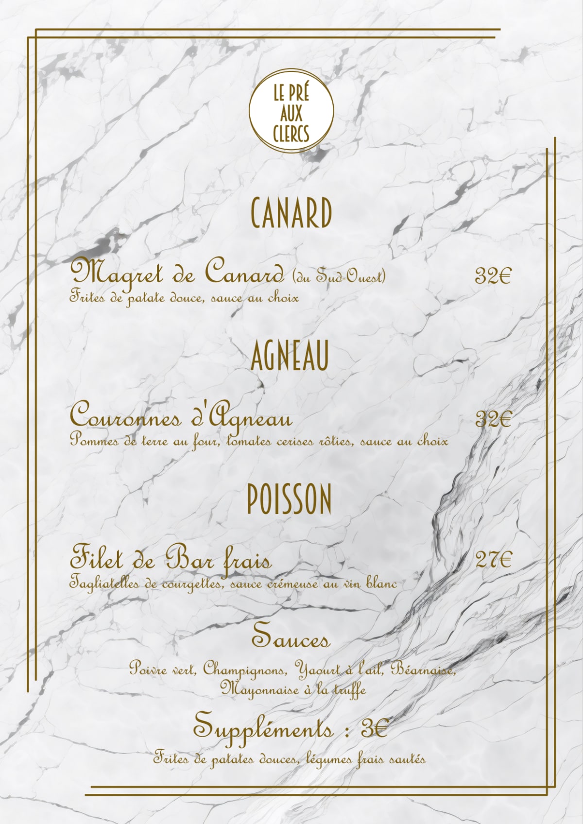 Le Pré aux Clercs menu