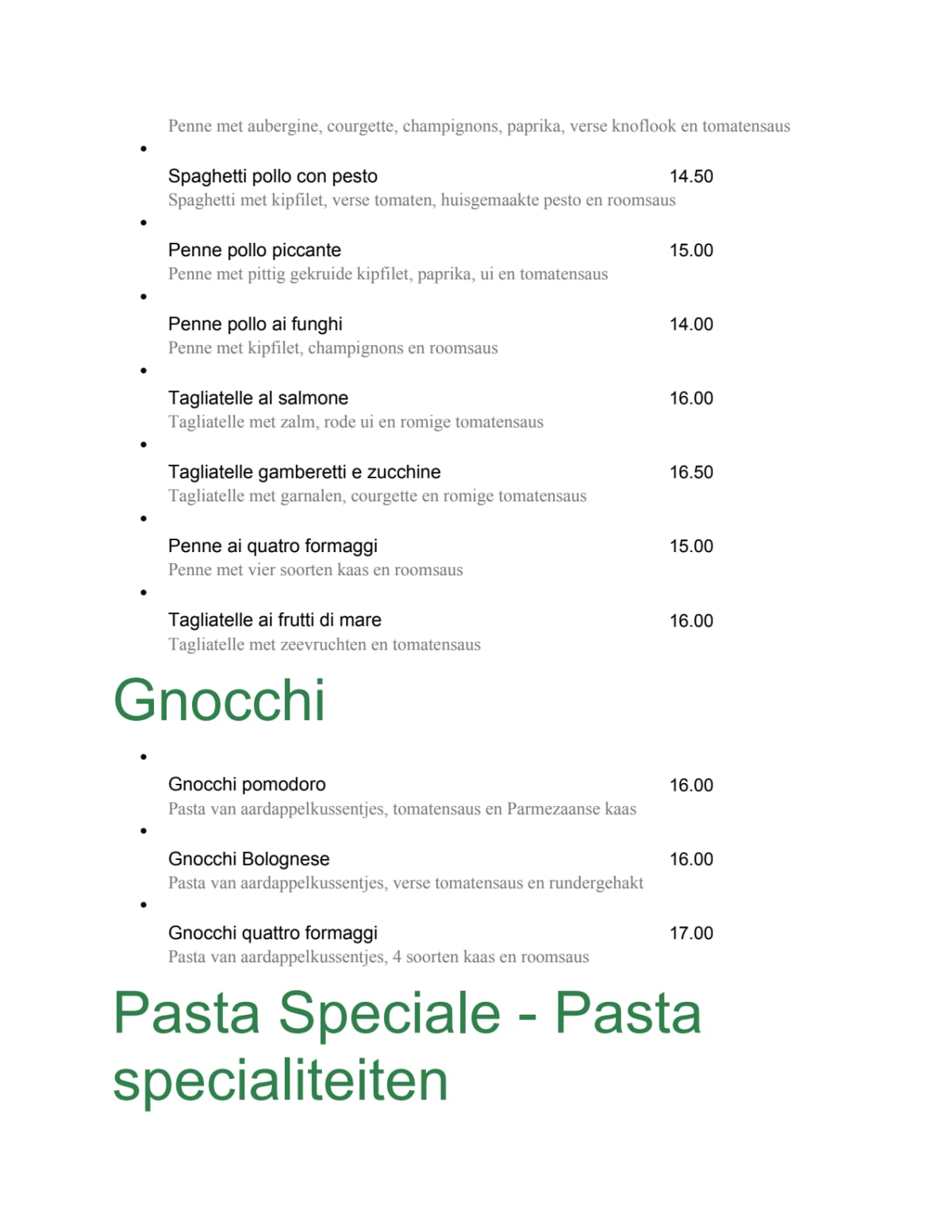 Ristorante Ciao Sorella menu