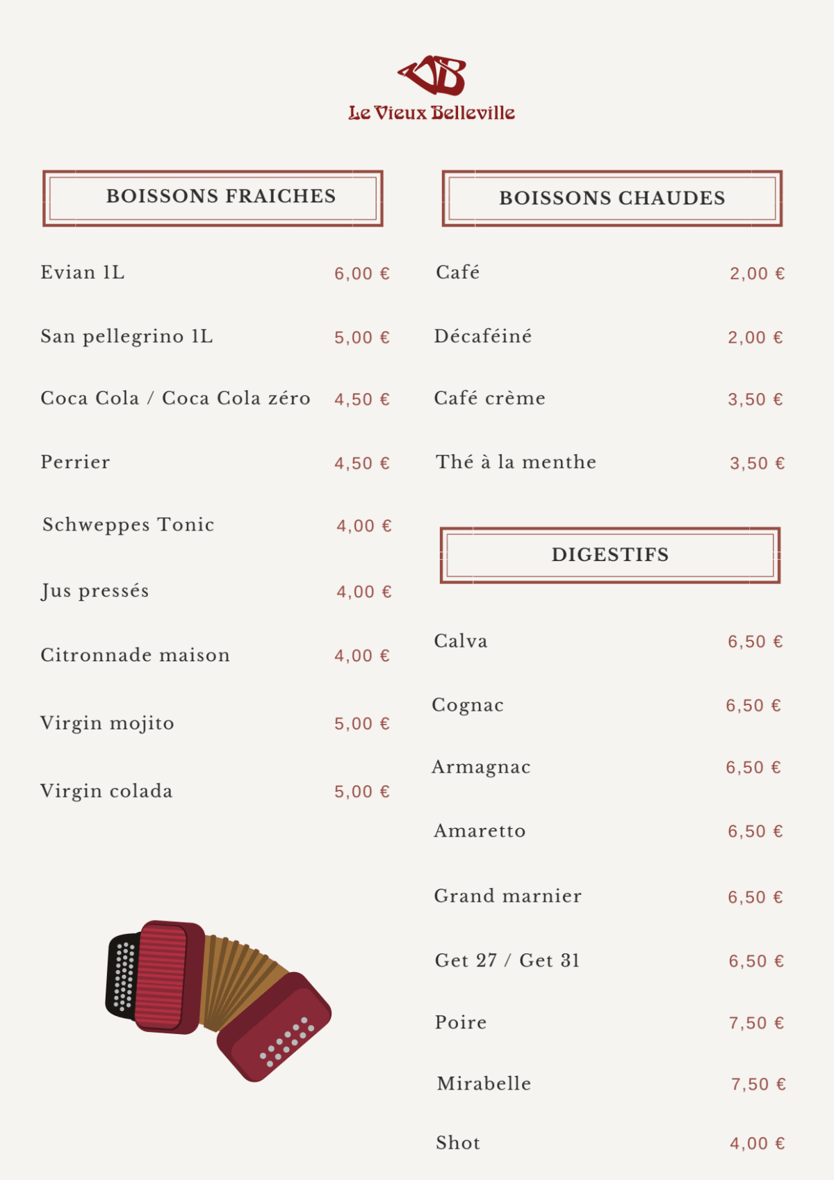 Le Vieux Belleville menu