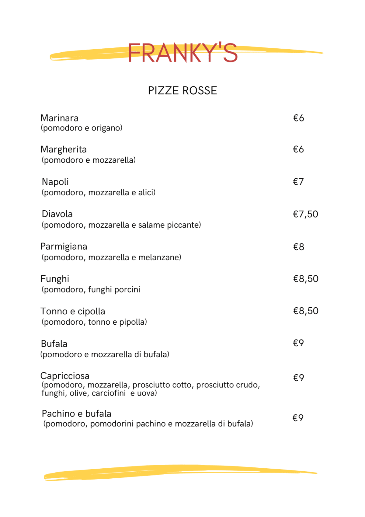 Franky's menu