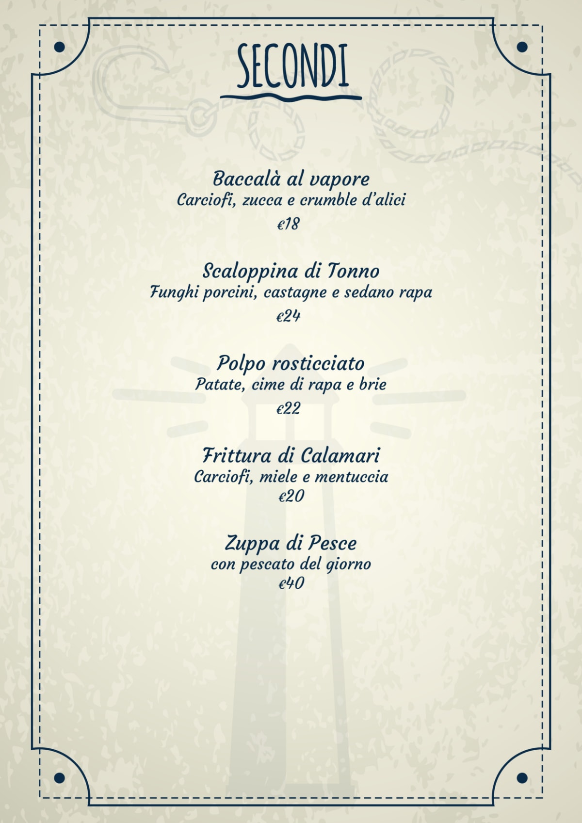 Porto Quadro menu