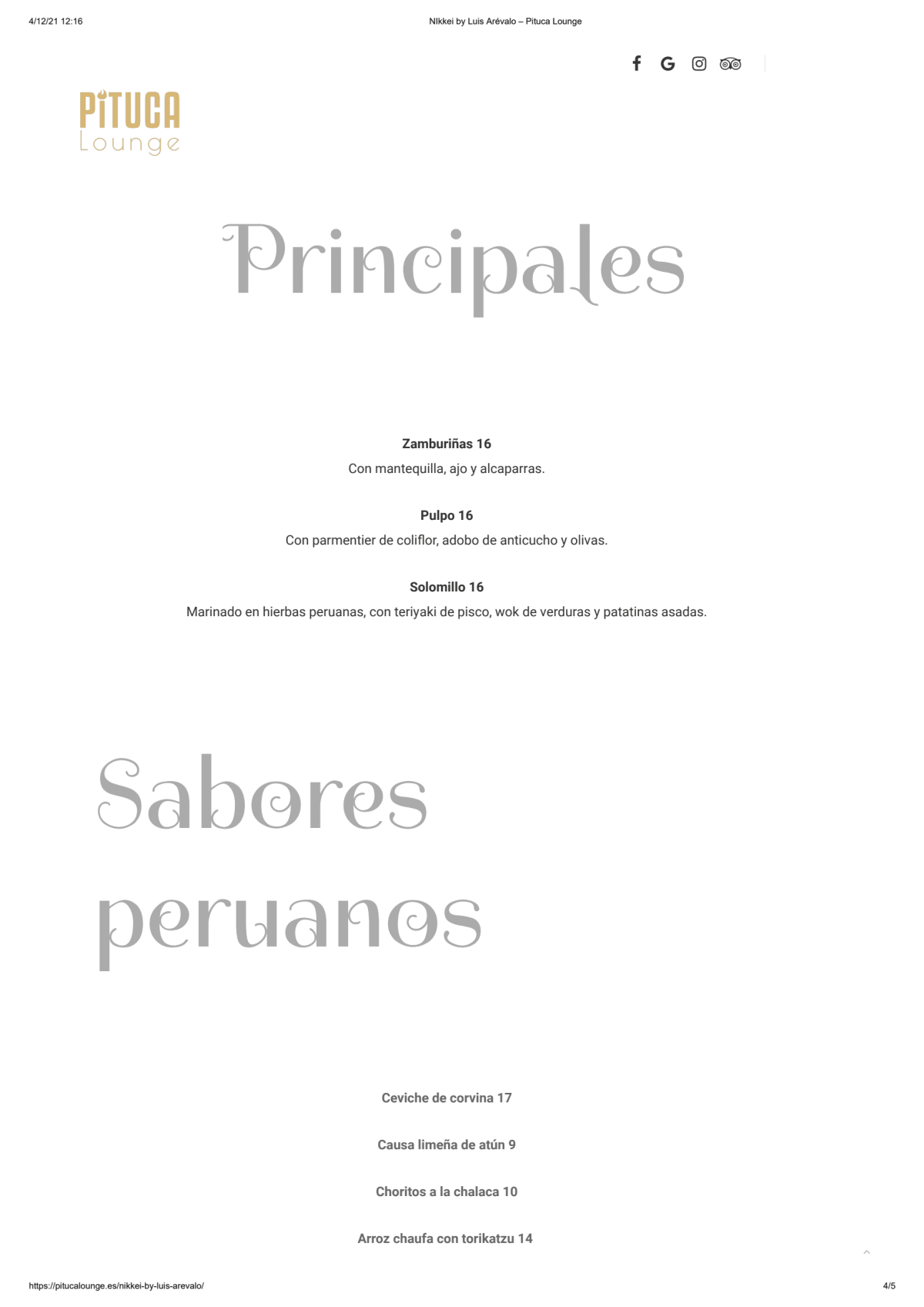 Pituca Lounge - Pintor Rosales menu