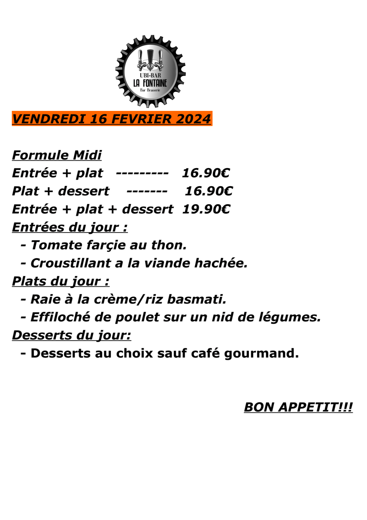 UBI BAR LA FONTAINE menu