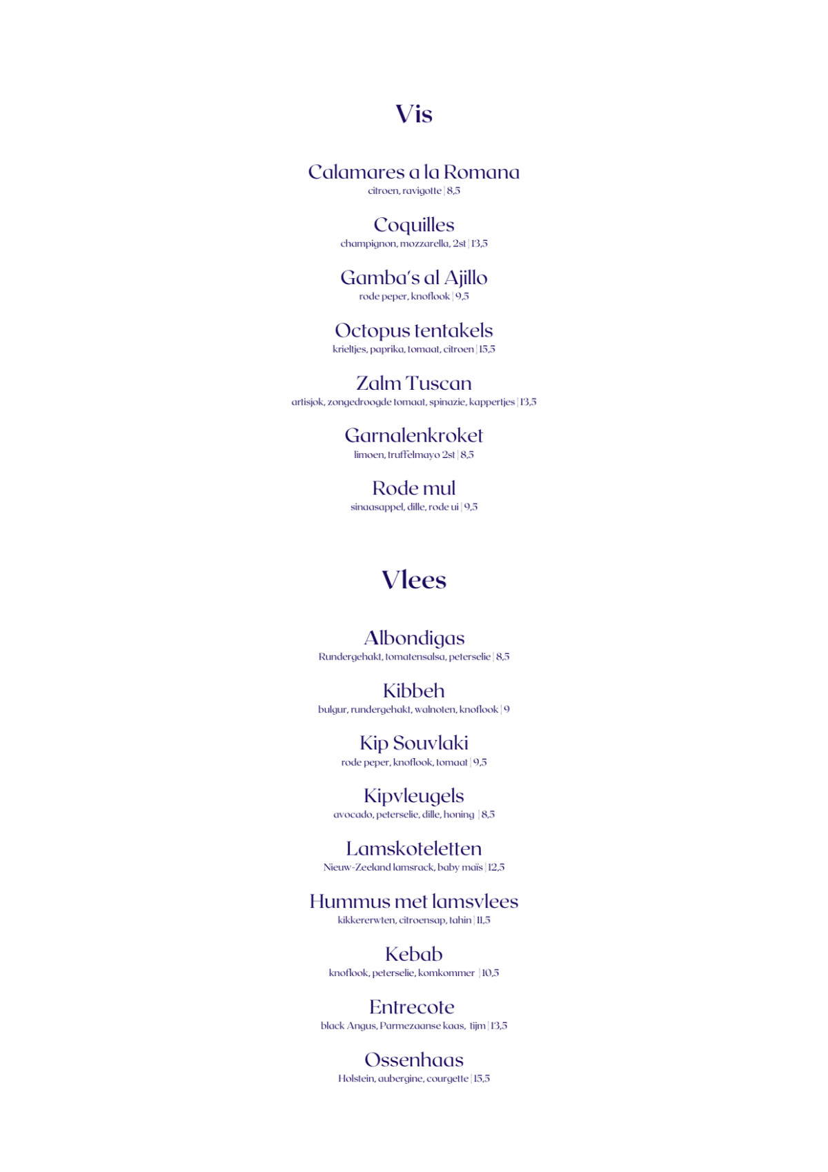 Restaurant Oeverzicht menu