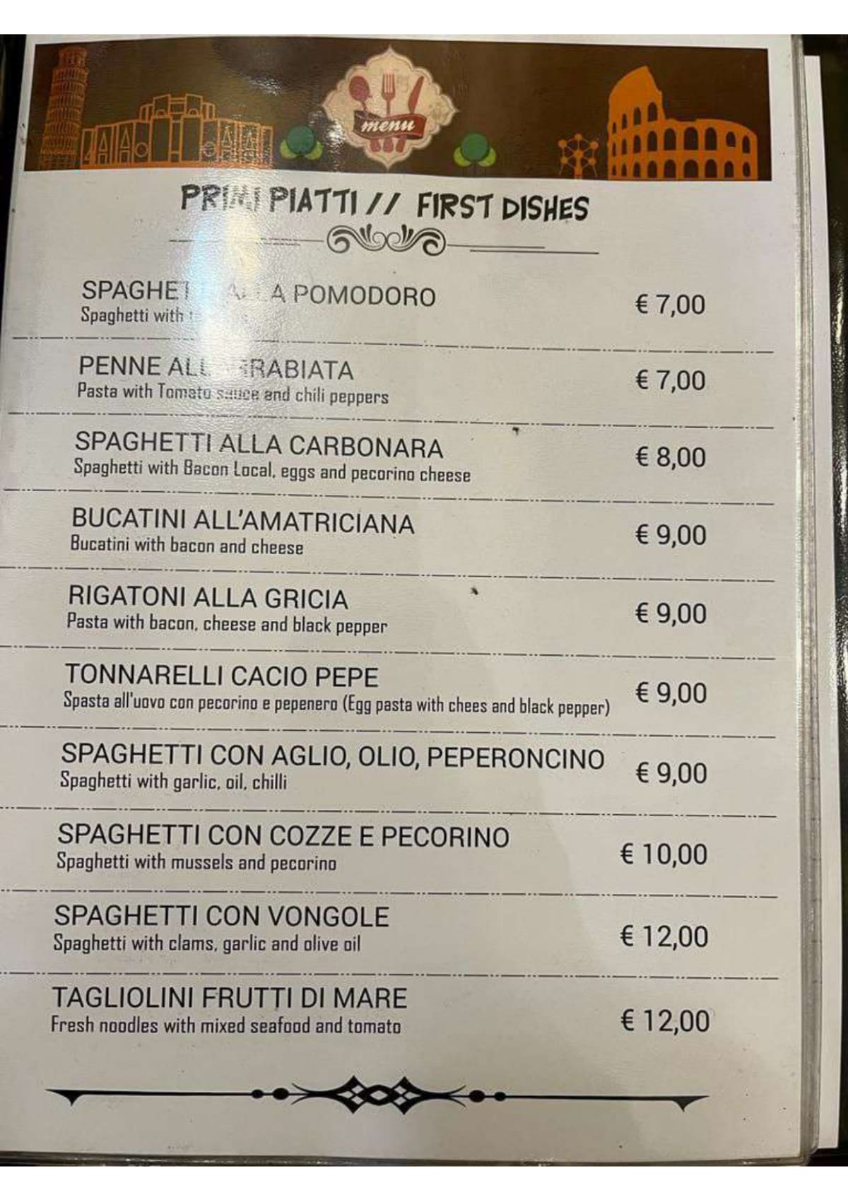 Mia Ristorante menu