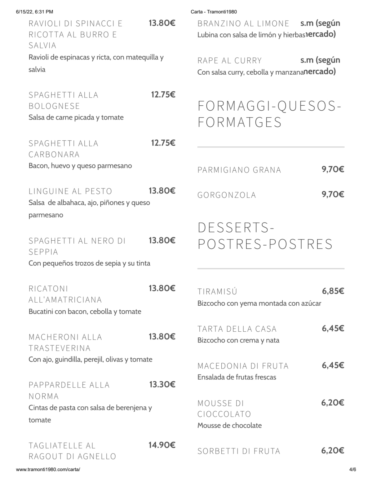 Tramonti 1980 menu