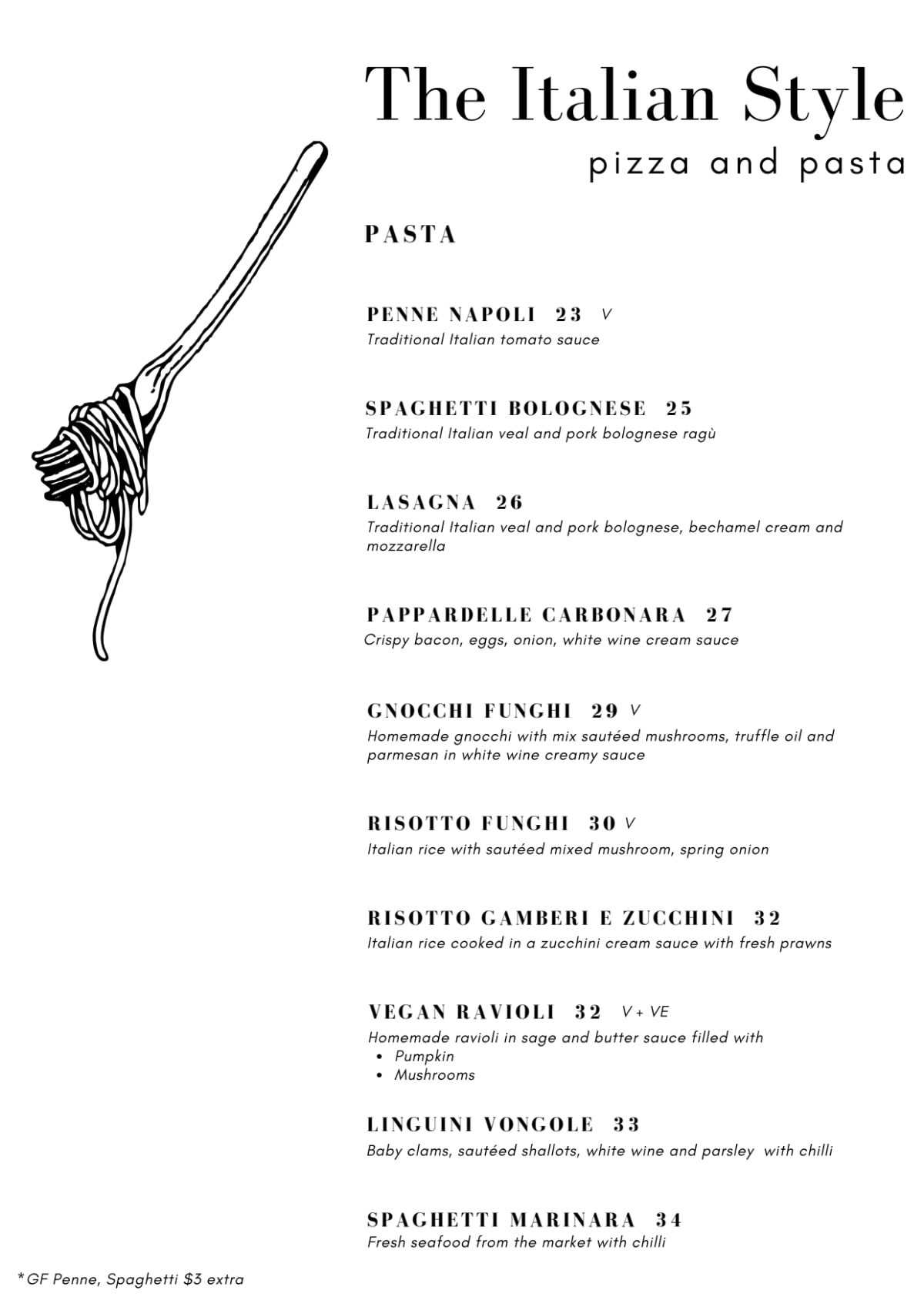 Carte et Menus 2024 The Italian Style Pizza & Pasta à Pyrmont (NSW