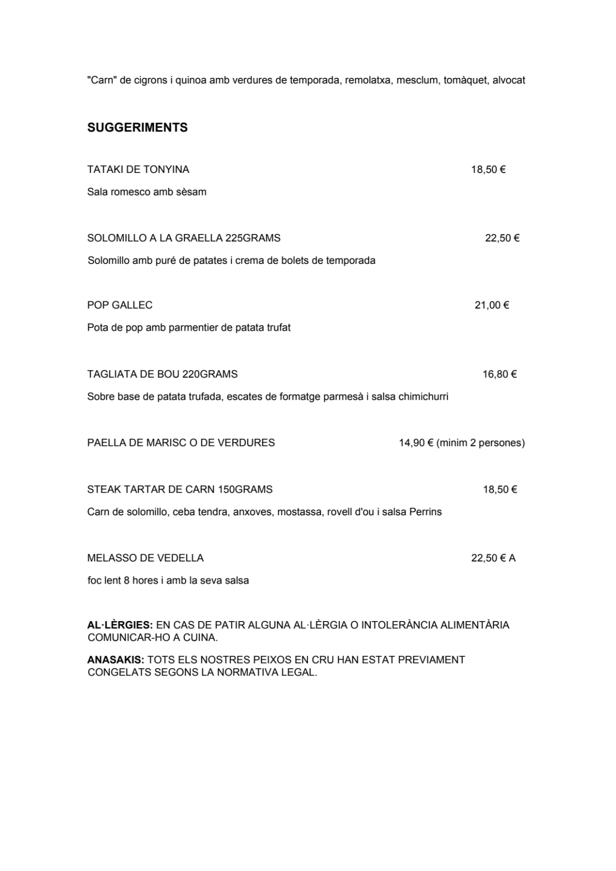 Carte et Menus 2024 Tapes Jardí à Barcelone TheFork