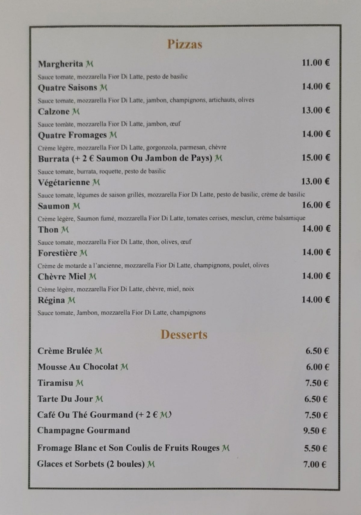 La maison des Laitières menu