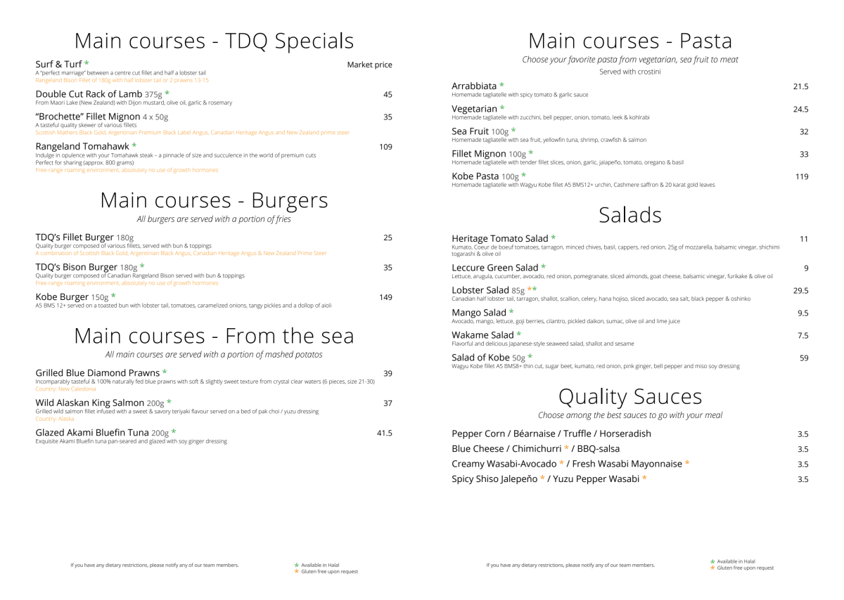 TDQ Steaks menu