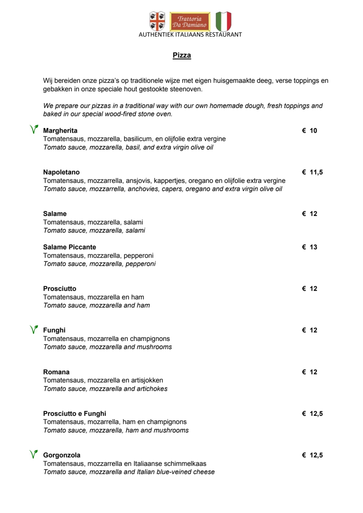 Trattoria Pizzeria Da Damiano menu